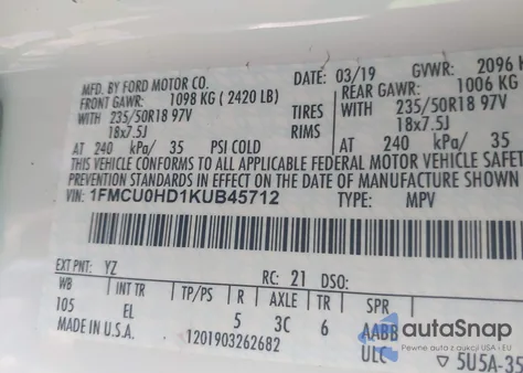 2019 Ford Escape Sel from USA, damaged, VIN 1FMCU0HD1KUB45712